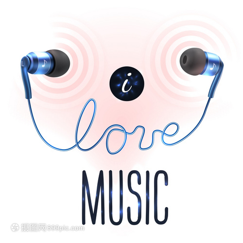蓝色耳机耳塞与爱情音乐字母海报矢量插图